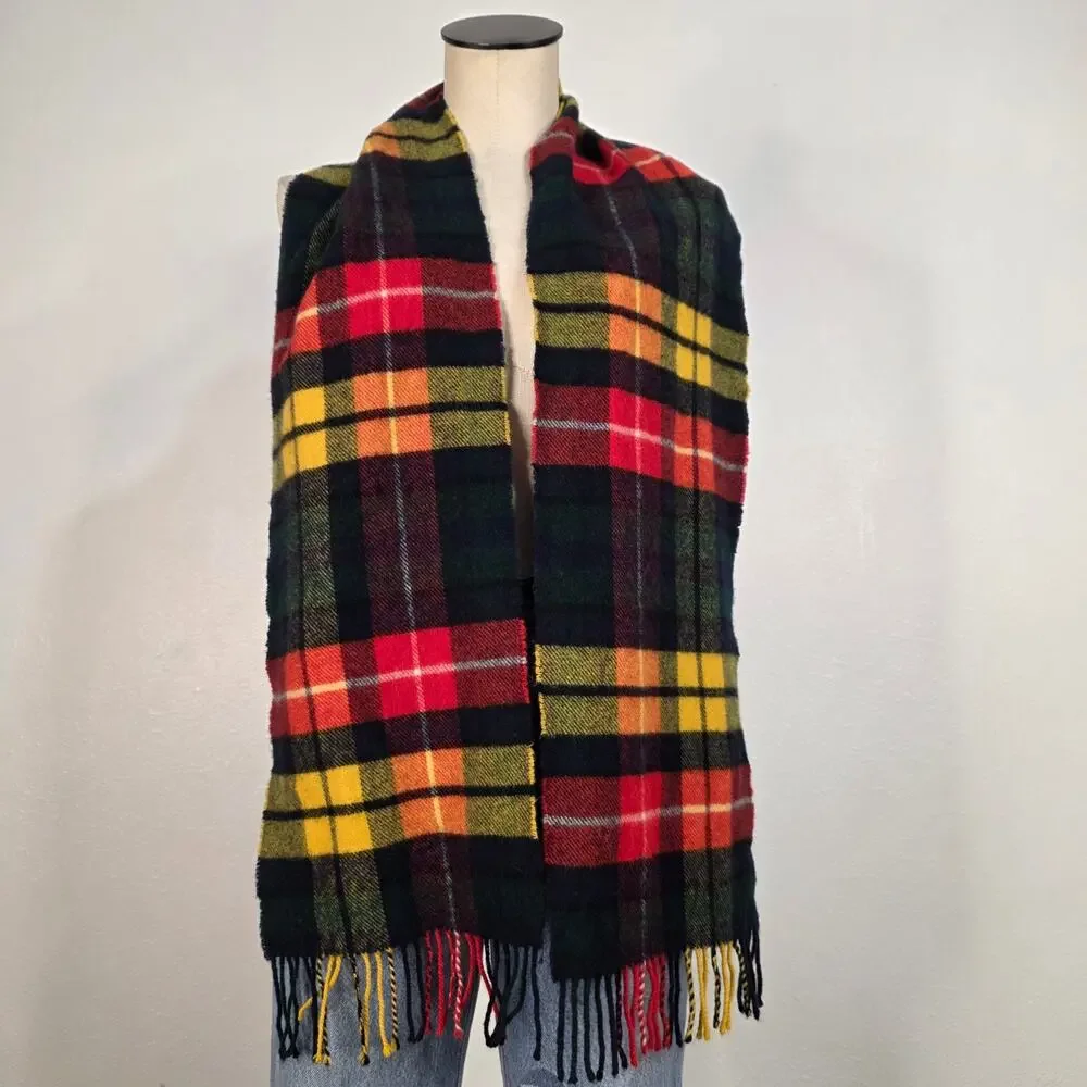 Johnstons of Elgin Scotland 100% Lambswool Tartan Plaid Scarf Multicolor Fringe